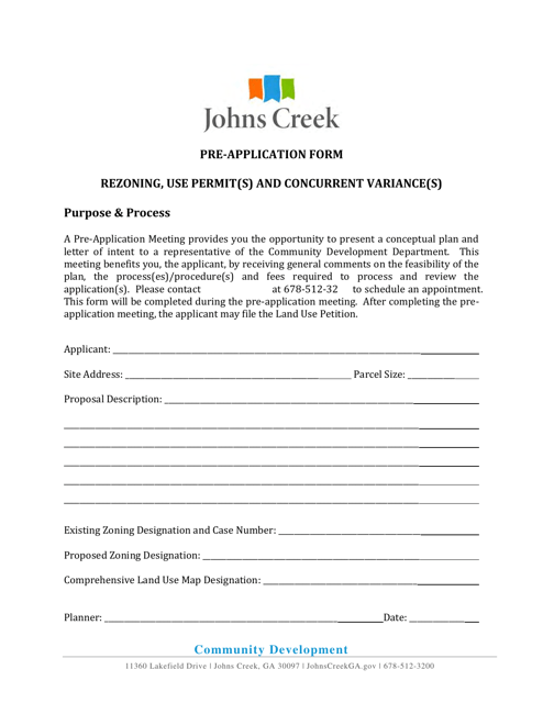Pre-application Form - Rezoning, Use Permit(S) and Concurrent Variance(S) - City of Johns Creek, Georgia (United States) Download Pdf