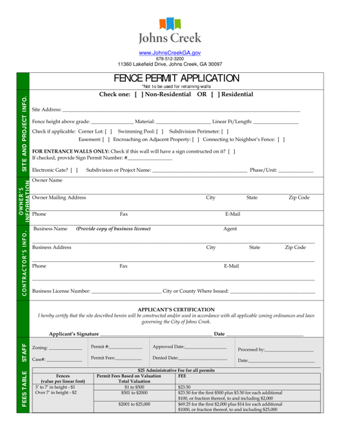 Fence Permit Application - City of Johns Creek, Georgia (United States) Download Pdf