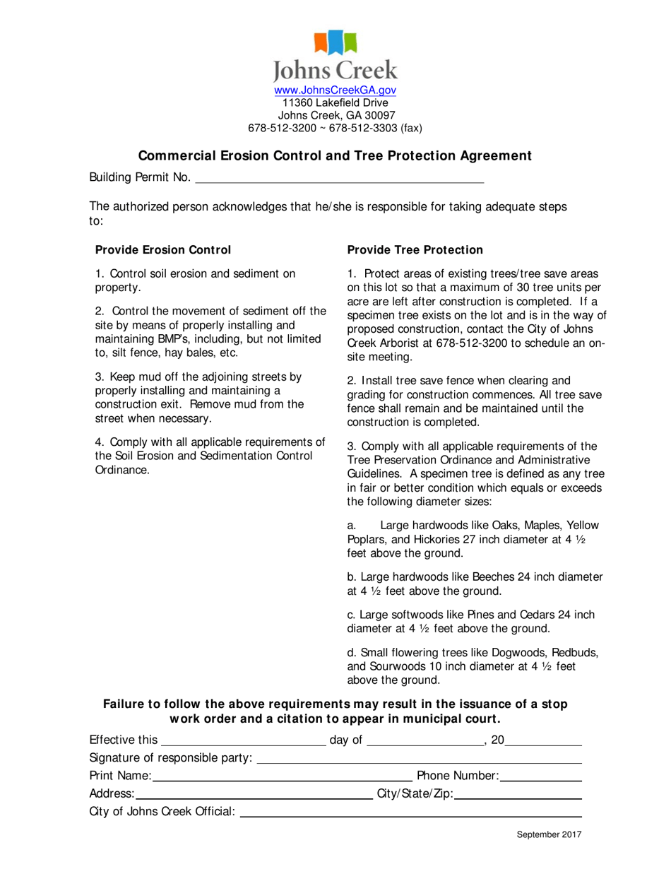 Commercial Erosion Control and Tree Protection Agreement - City of Johns Creek, Georgia (United States), Page 1