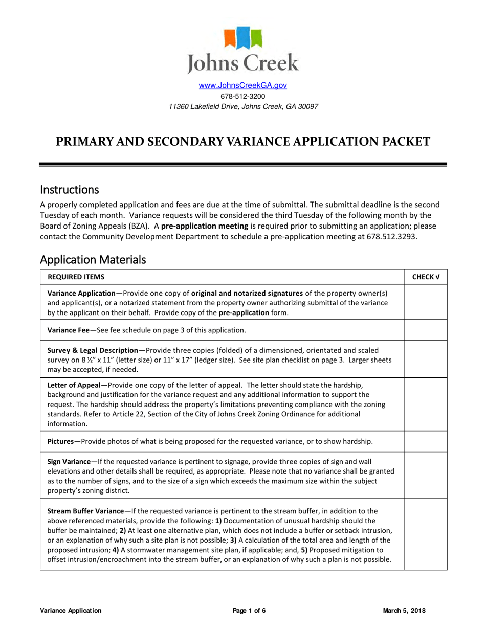 Primary and Secondary Variance Application - City of Johns Creek, Georgia (United States), Page 1