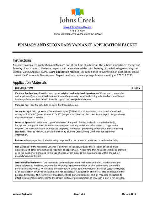 Primary and Secondary Variance Application - City of Johns Creek, Georgia (United States) Download Pdf