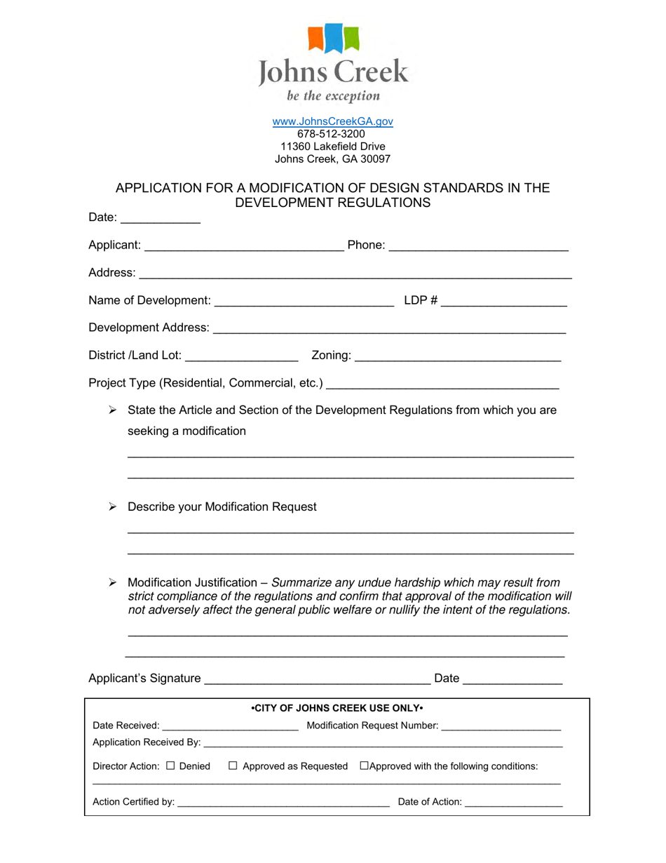 Application for a Modification of Design Standards in the Development Regulations - City of Johns Creek, Georgia (United States), Page 1