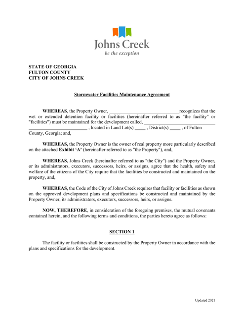 Stormwater Facilities Maintenance Agreement - City of Johns Creek, Georgia (United States) Download Pdf