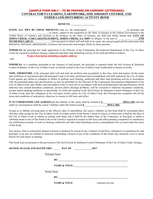 Contractor's Clearing, Earthwork, Soil Erosion Control and Other Land Disturbing Activity Bond Template - City of Johns Creek, Georgia (United States) Download Pdf
