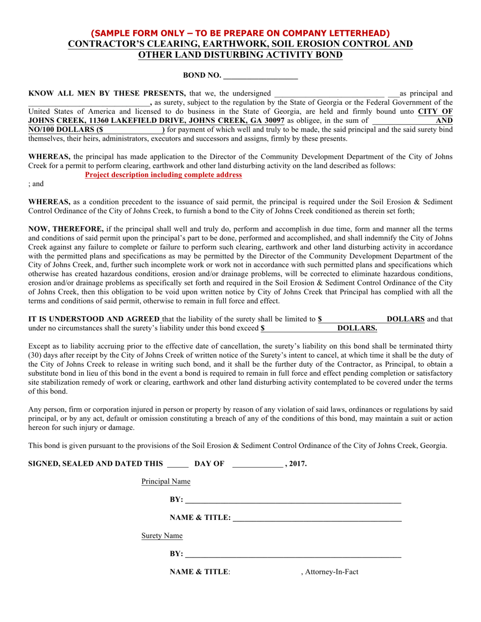 Contractors Clearing, Earthwork, Soil Erosion Control and Other Land Disturbing Activity Bond Template - City of Johns Creek, Georgia (United States), Page 1