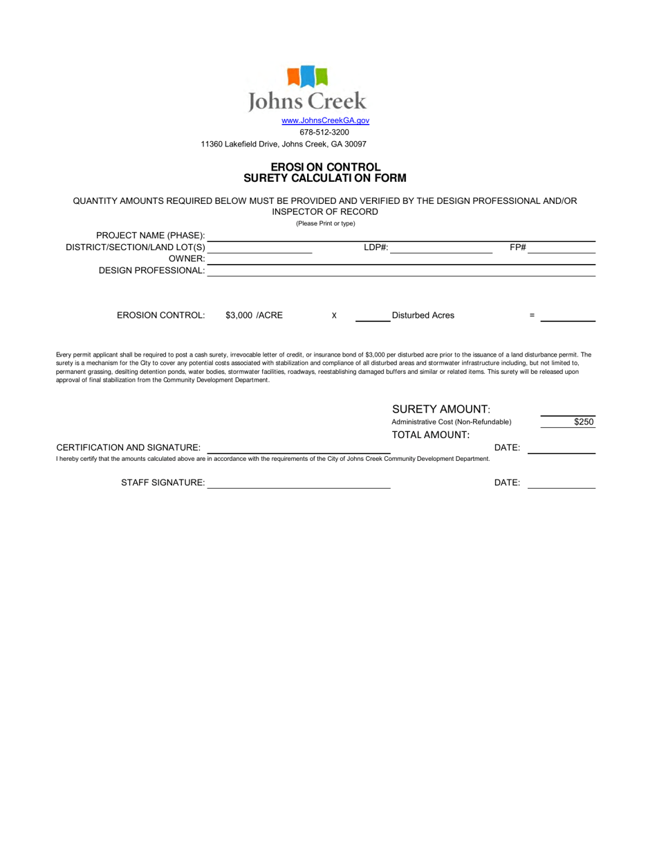 Erosion Control Surety Calculation Form - City of Johns Creek, Georgia (United States), Page 1