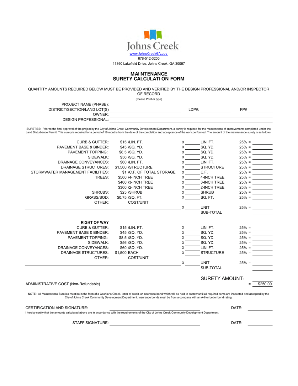 Maintenance Surety Calculation Form - City of Johns Creek, Georgia (United States), Page 1