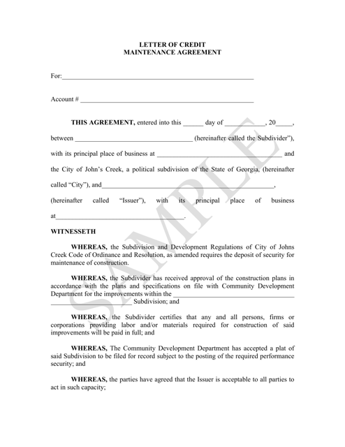 Document preview: Surety Maintenance Letter of Credit - Sample - City of Johns Creek, Georgia (United States)
