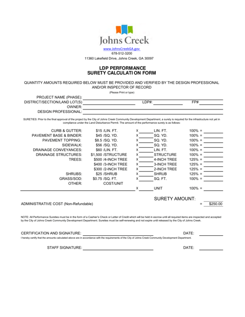 Document preview: Ldp Performance Surety Calculation Form - City of Johns Creek, Georgia (United States)
