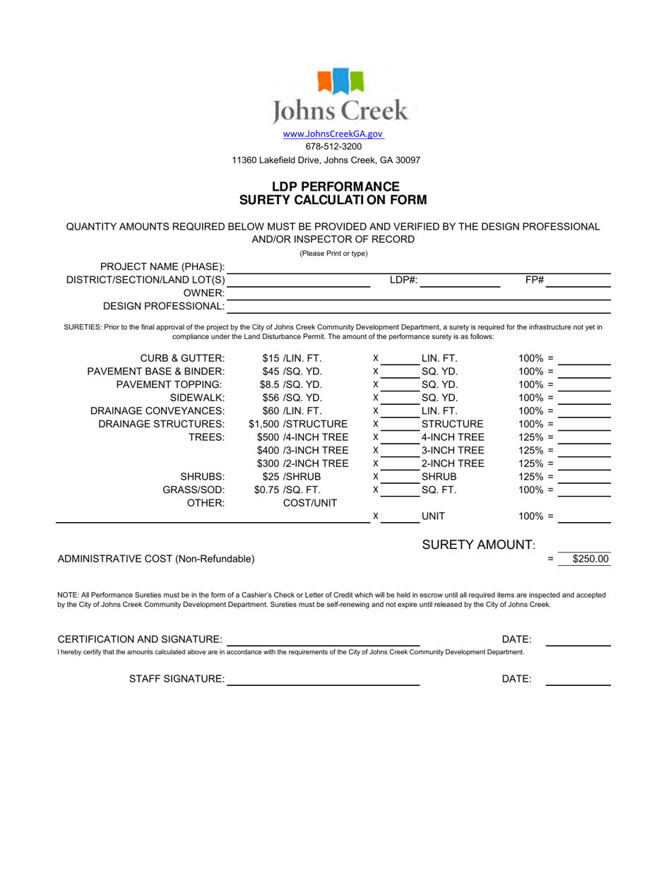 Ldp Performance Surety Calculation Form - City of Johns Creek, Georgia (United States), Page 1