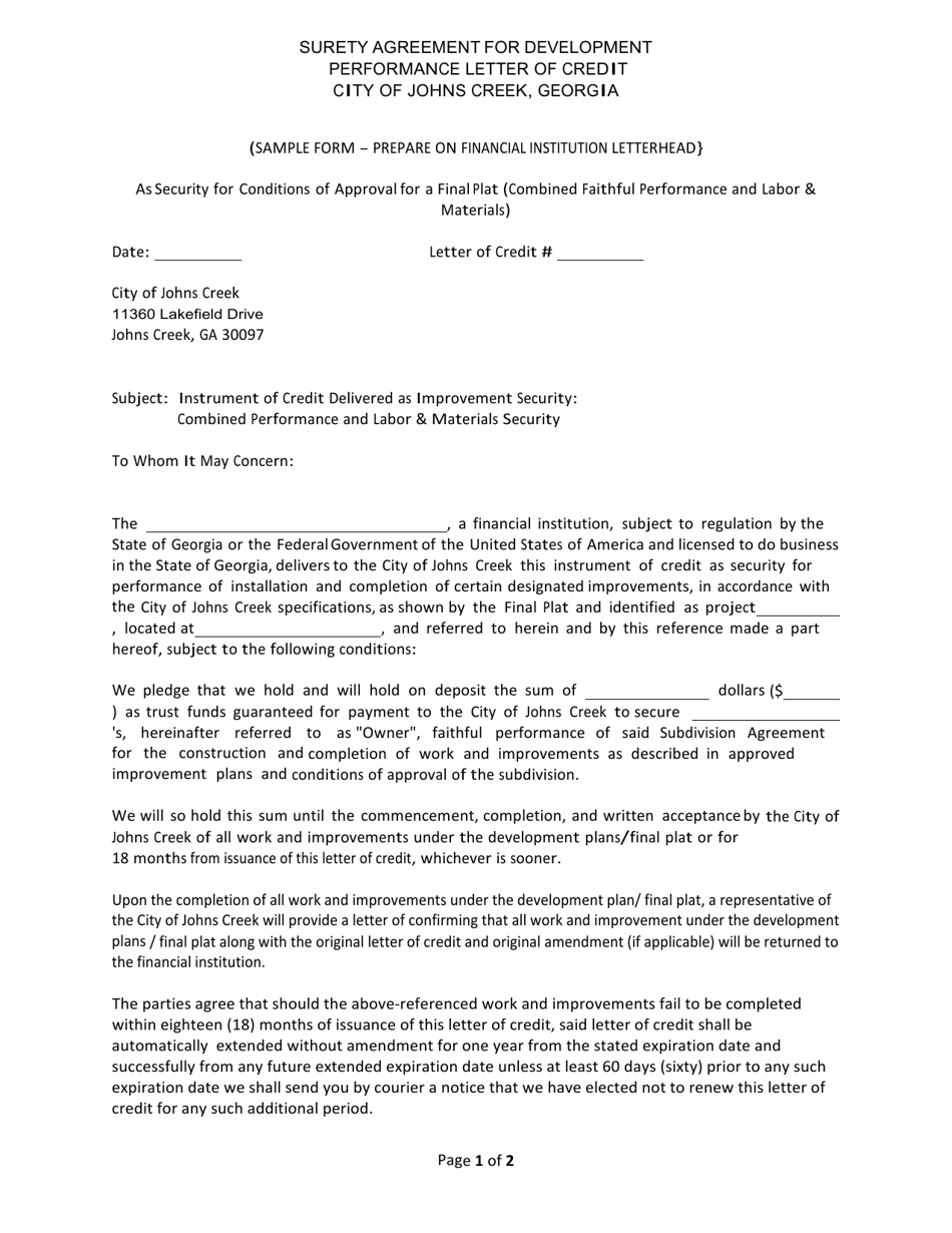 Surety Performance Letter of Credit Template - City of Johns Creek, Georgia (United States), Page 1