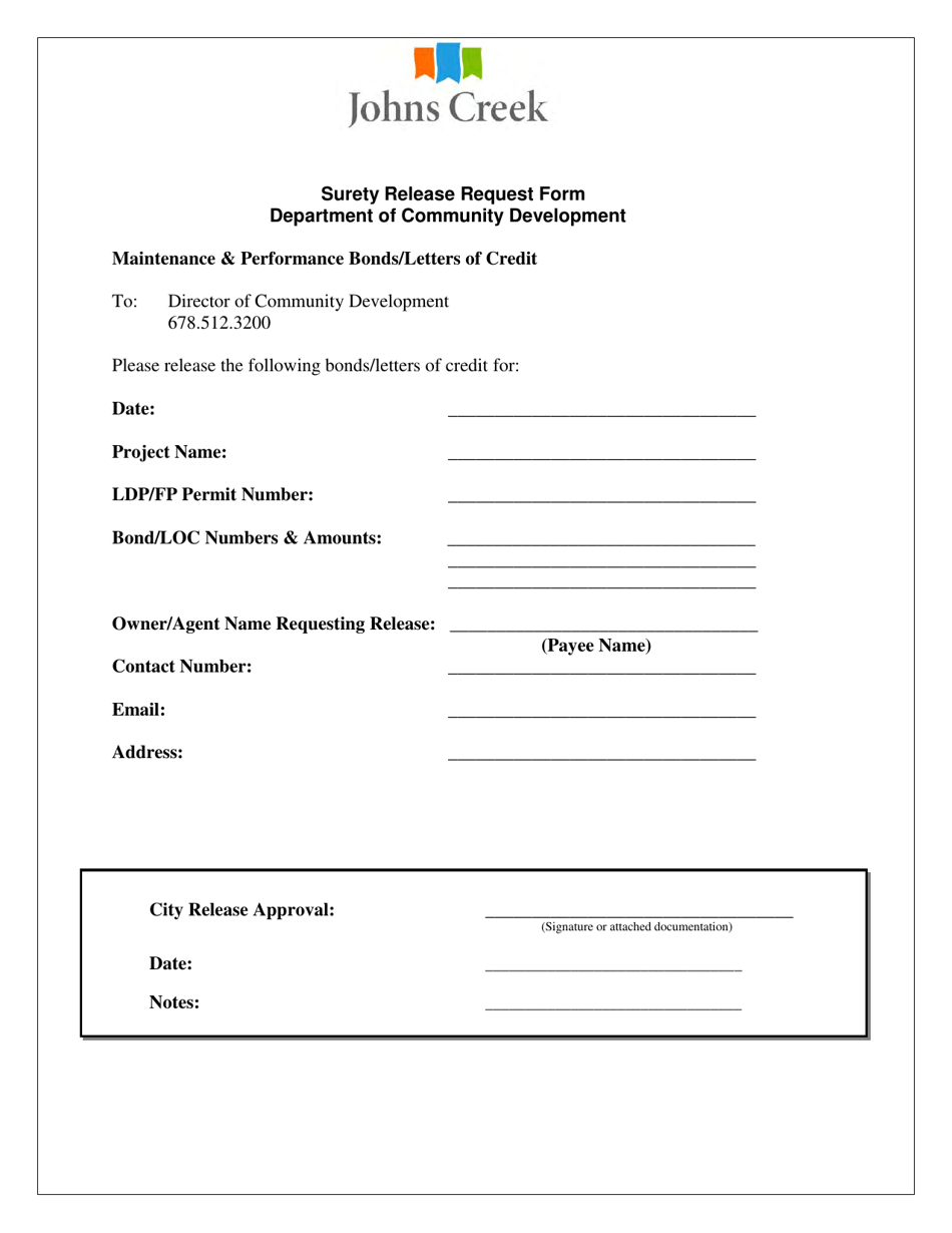 Surety Release Request Form - City of Johns Creek, Georgia (United States), Page 1