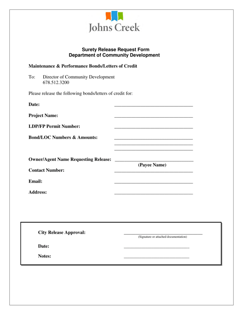 Surety Release Request Form - City of Johns Creek, Georgia (United States) Download Pdf