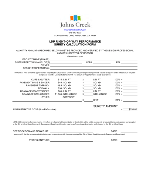 Ldp Right-Of-Way Performance Surety Calculation Form - City of Johns Creek, Georgia (United States) Download Pdf