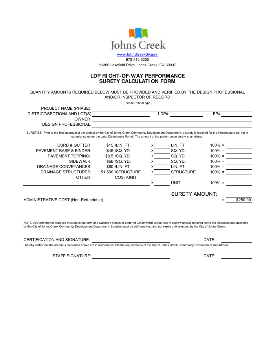 Ldp Right-Of-Way Performance Surety Calculation Form - City of Johns Creek, Georgia (United States), Page 1