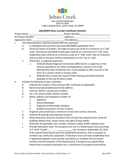 Instructions for ARC/Mrpa River Corridor Certificate Checklist - City of Johns Creek, Georgia (United States)