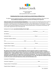 Document preview: Chattahoochee River Corridor as-Built Survey Hold & Release Affidavit Form - City of Johns Creek, Georgia (United States)