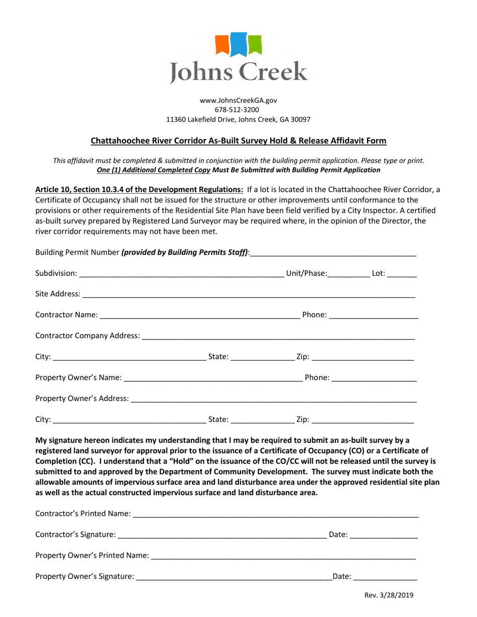 Chattahoochee River Corridor as-Built Survey Hold  Release Affidavit Form - City of Johns Creek, Georgia (United States), Page 1