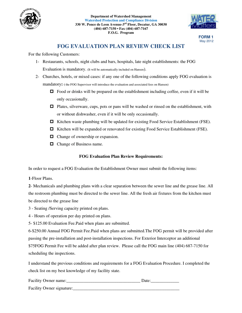 Form 1 Fog Evaluation Plan Review Check List - DeKalb County, Georgia (United States), Page 1