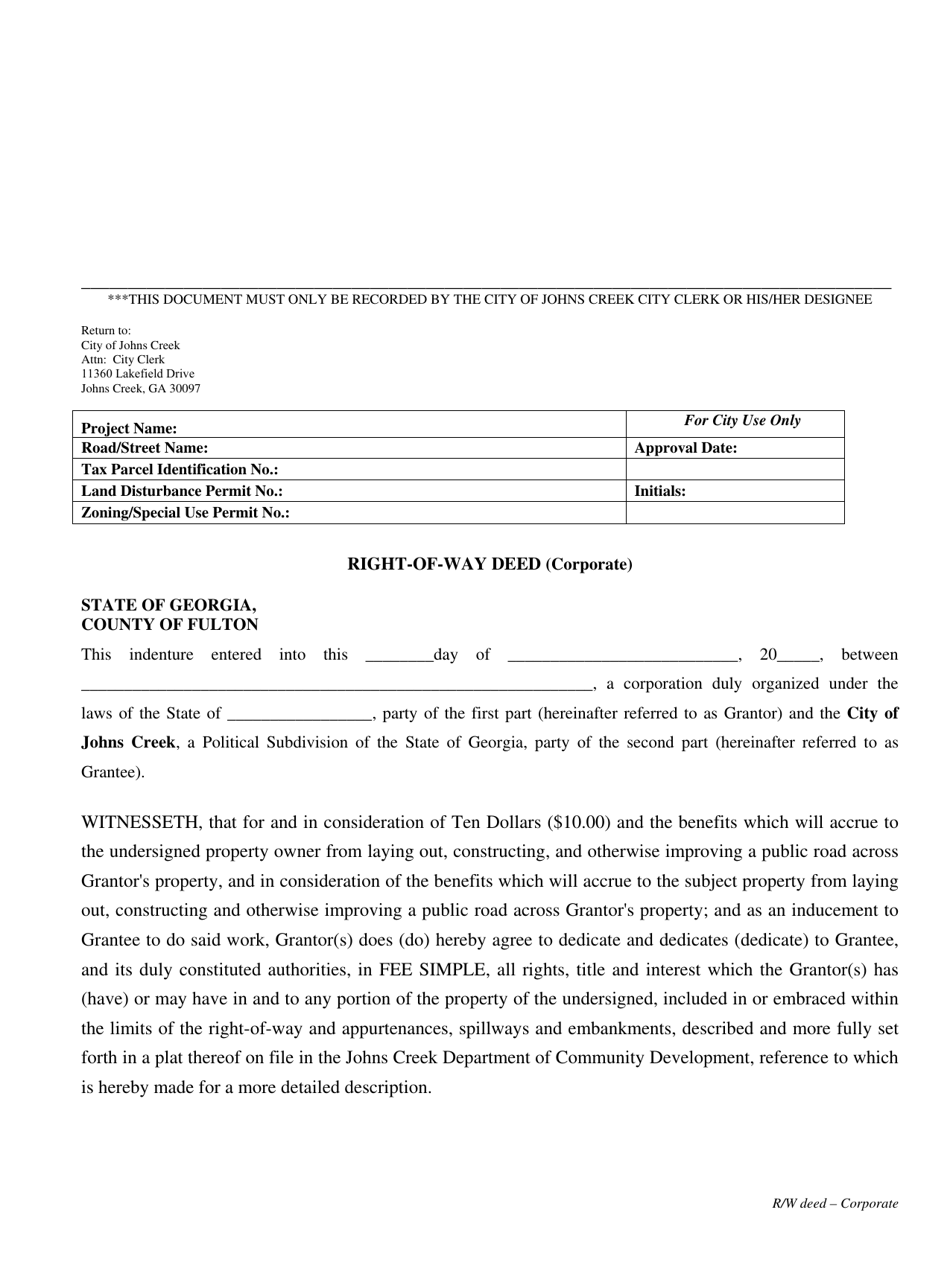 Right-Of-Way Deed (Corporate) - City of Johns Creek, Georgia (United States), Page 1
