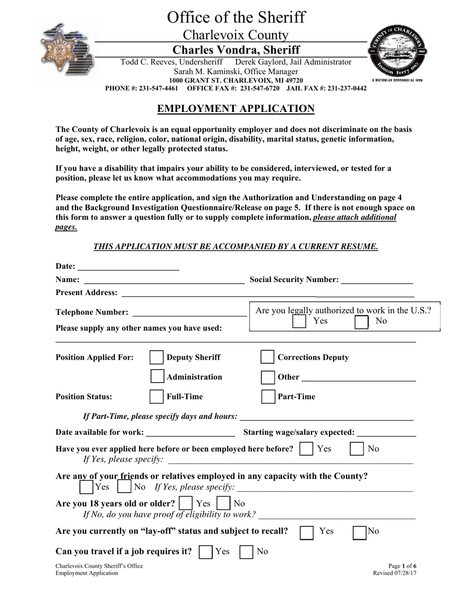 Employment Application - Charlevoix County, Michigan, Page 1
