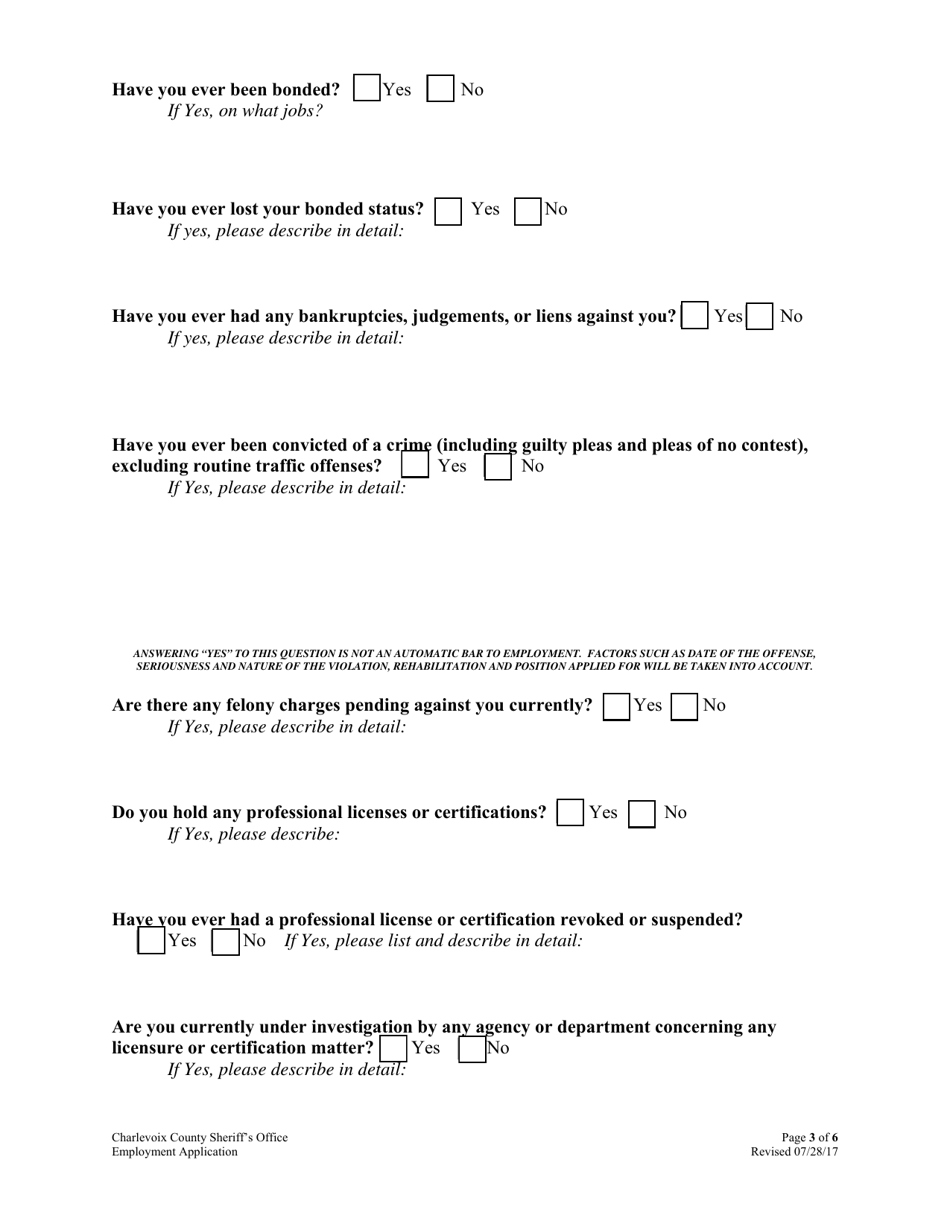 Employment Application - Charlevoix County, Michigan, Page 3