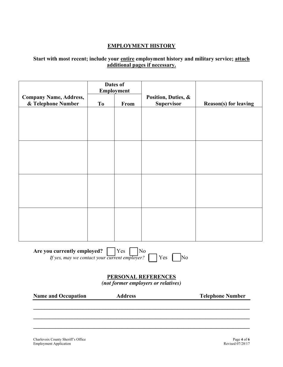 Employment Application - Charlevoix County, Michigan, Page 4