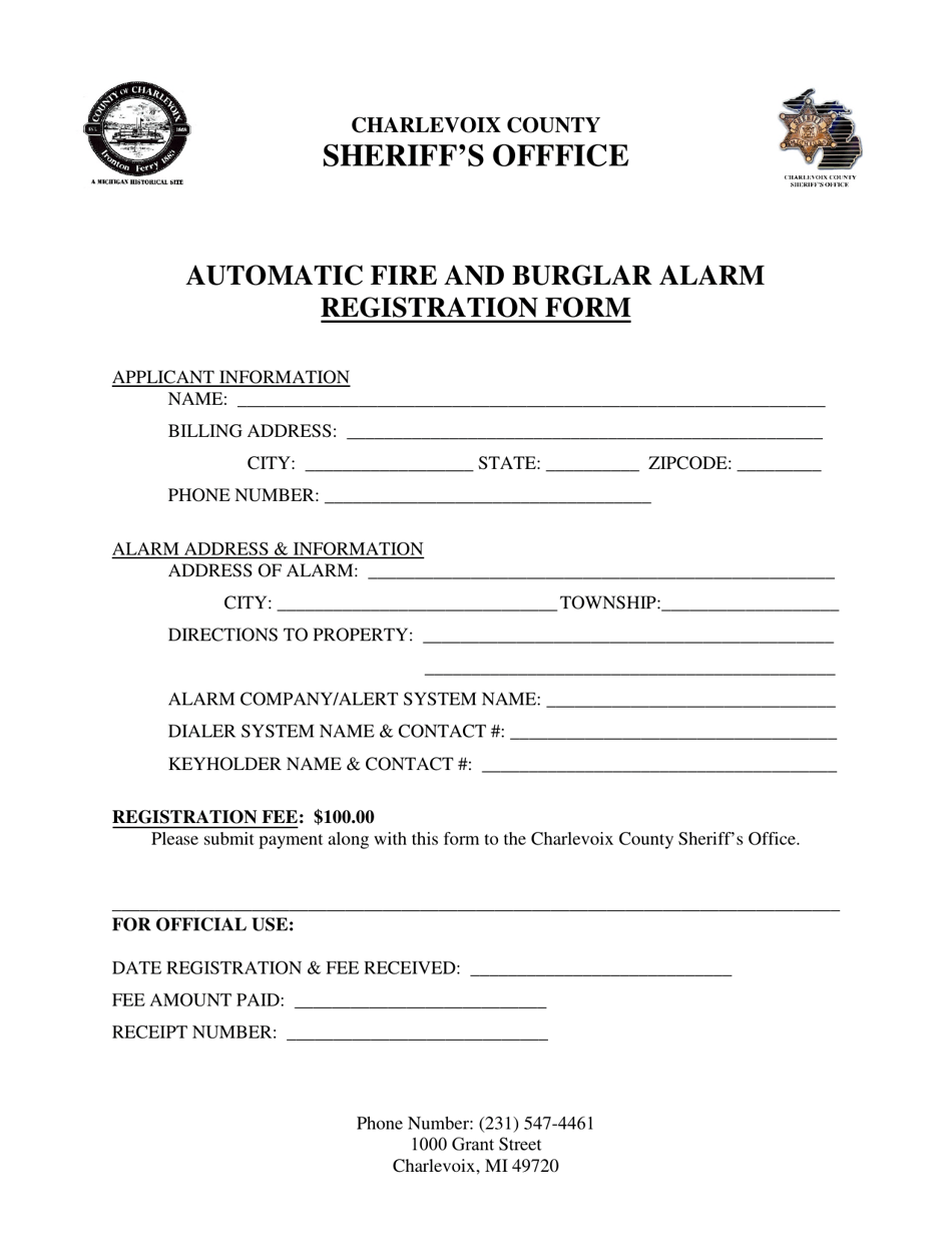 Automatic Fire and Burglar Alarm Registration Form - Charlevoix County, Michigan, Page 1
