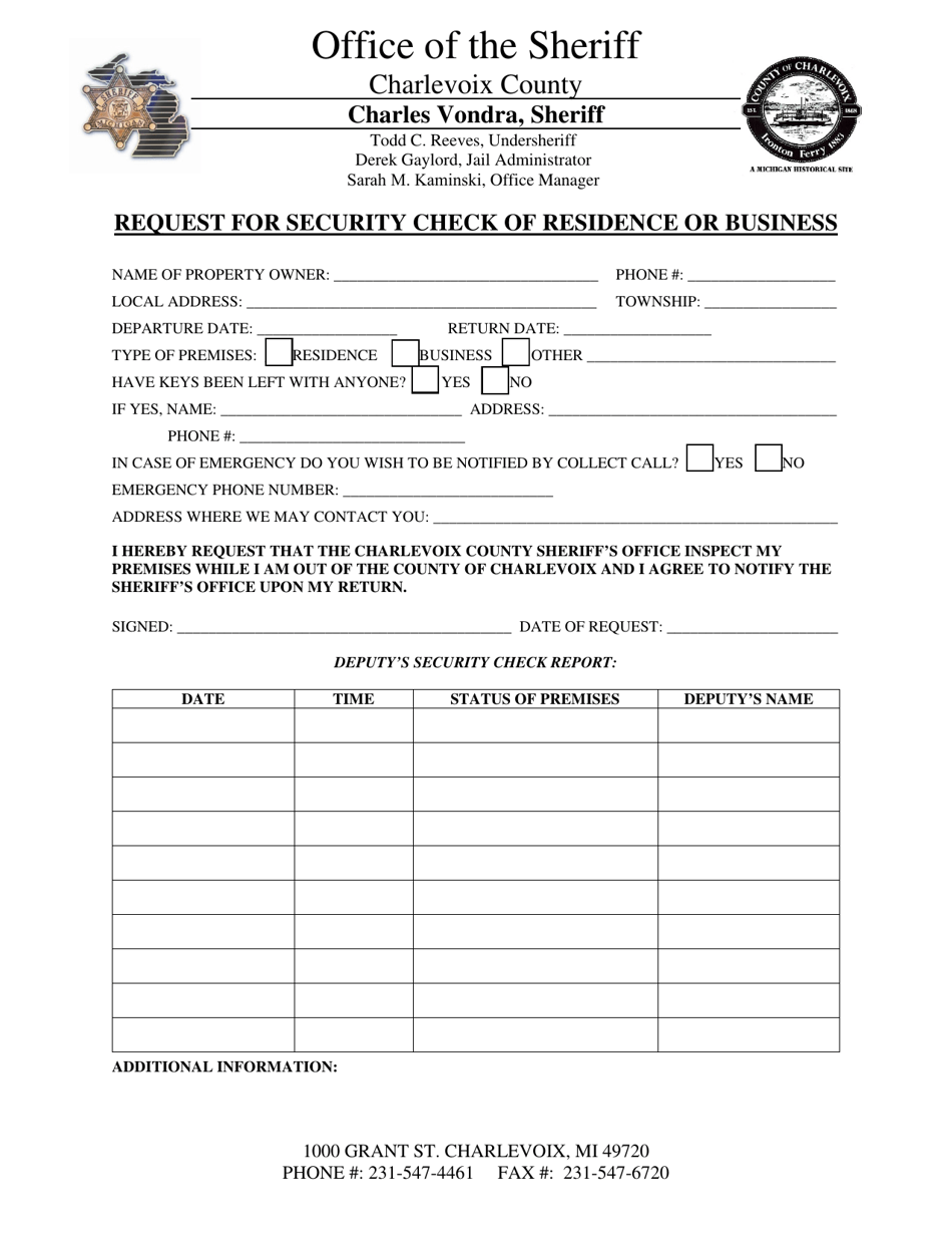 Request for Security Check of Residence or Business - Charlevoix County, Michigan, Page 1
