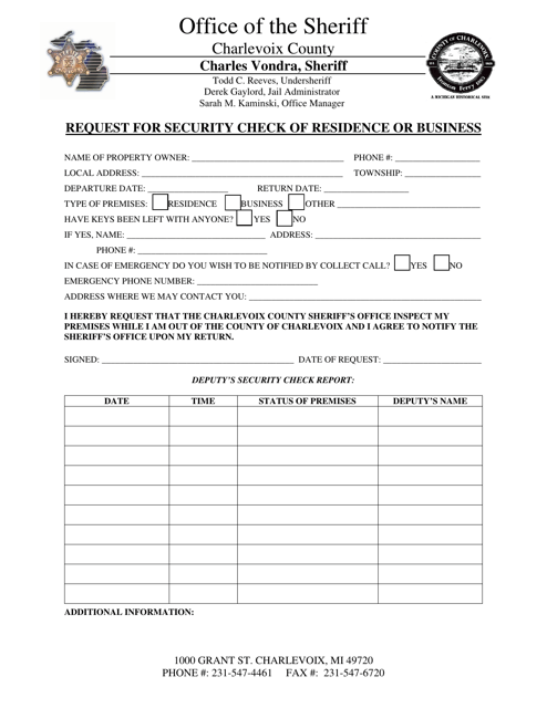 Request for Security Check of Residence or Business - Charlevoix County, Michigan Download Pdf
