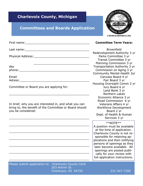 Committees and Boards Application - Charlevoix County, Michigan Download Pdf