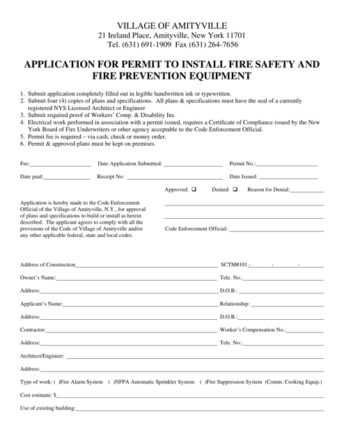 Application for Permit to Install Fire Safety and Fire Prevention Equipment - Village of Amityville, New York