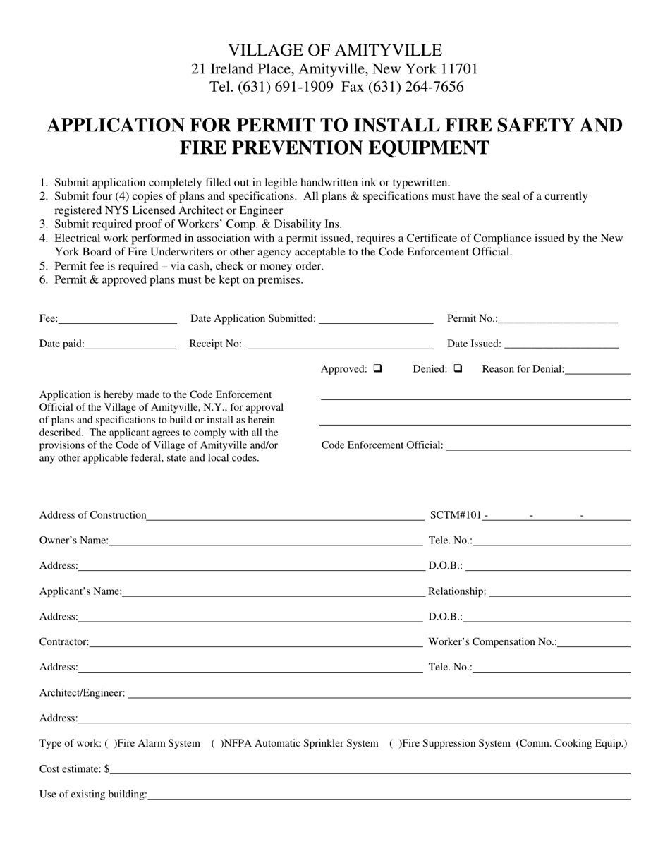 Application for Permit to Install Fire Safety and Fire Prevention Equipment - Village of Amityville, New York, Page 1