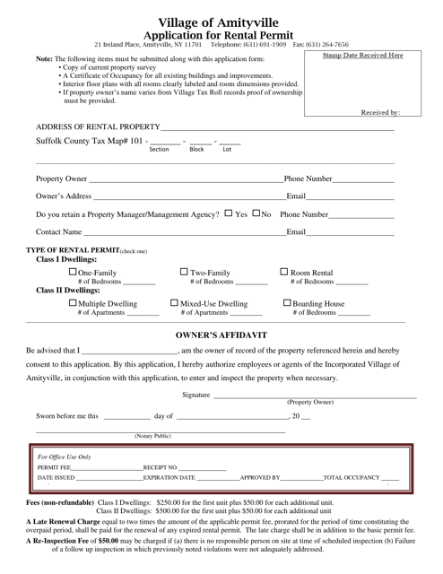 Application for Rental Permit - Village of Amityville, New York Download Pdf