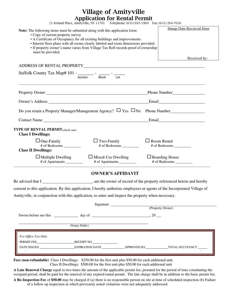 Application for Rental Permit - Village of Amityville, New York, Page 1