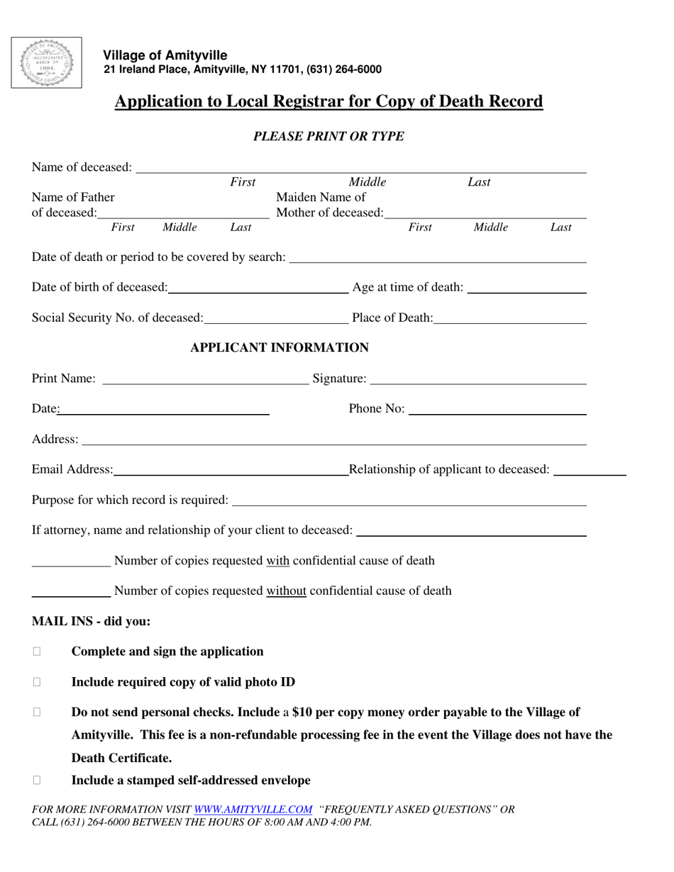 Village of Amityville, New York Application to Local Registrar for Copy