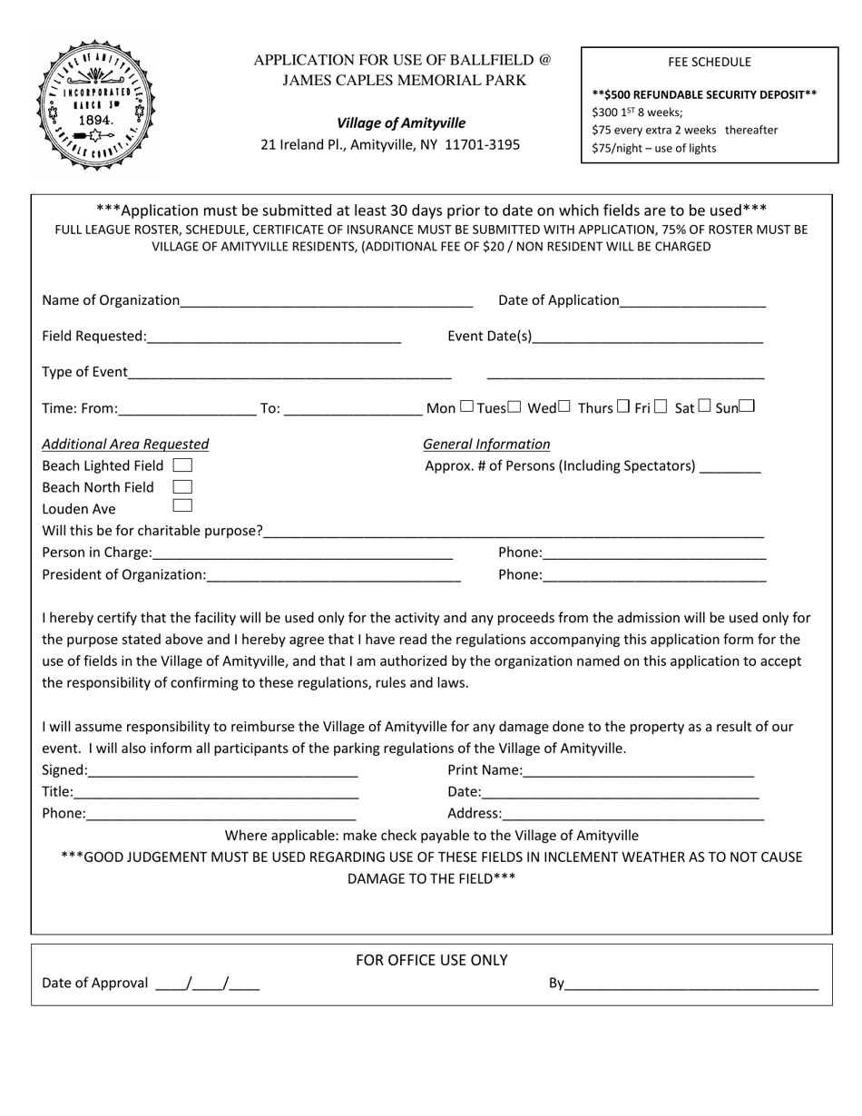 Application for Use of Ballfield James Caples Memorial Park - Village of Amityville, New York, Page 1