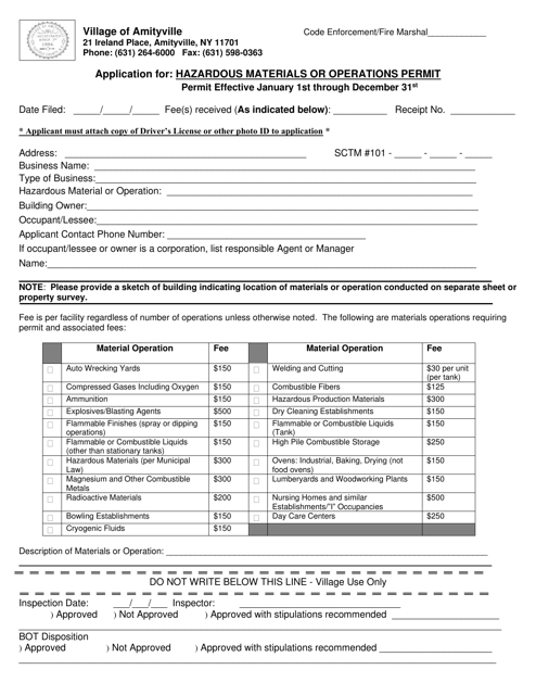 Application for Hazardous Materials or Operations Permit - Village of Amityville, New York Download Pdf