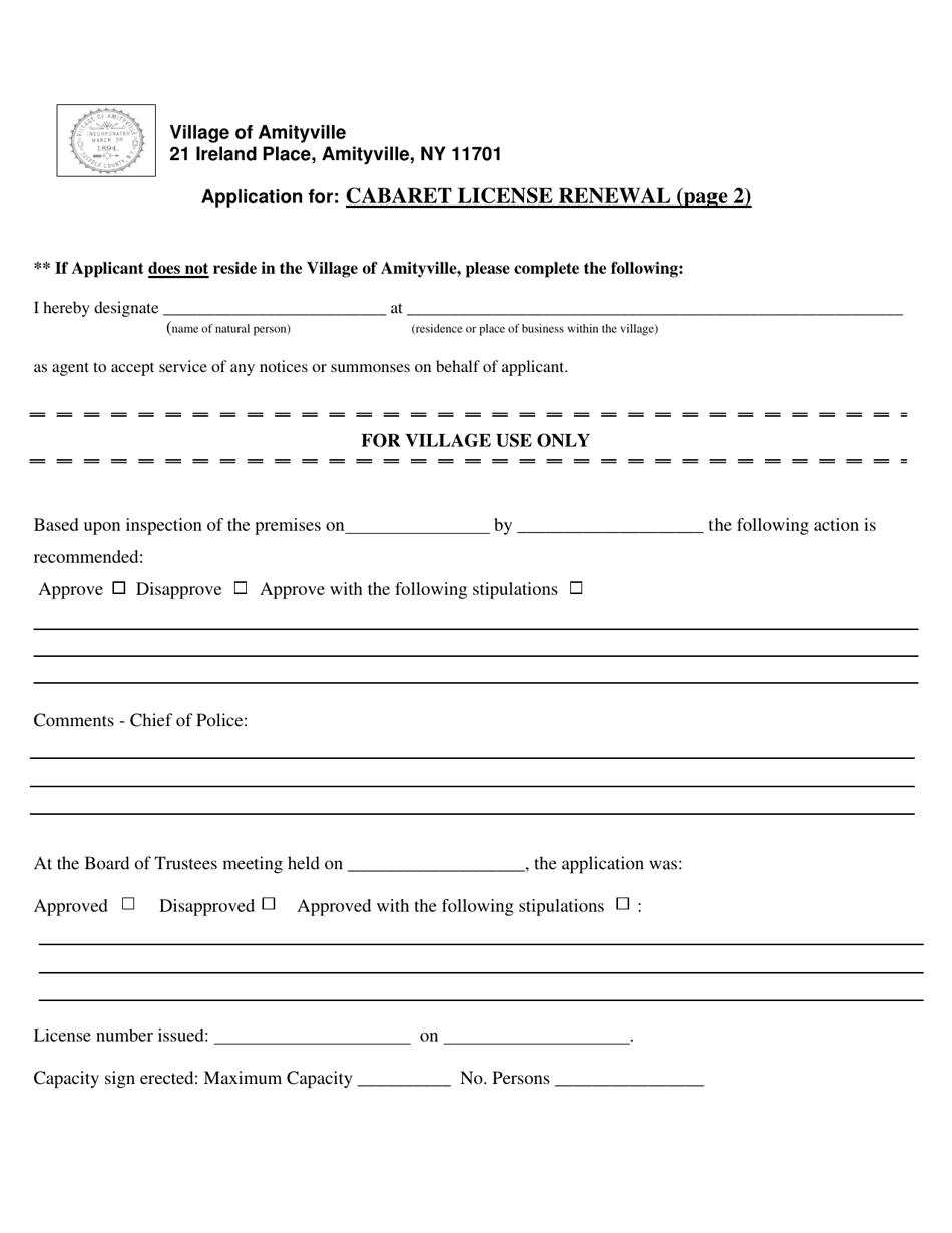 Application for Cabaret License Renewal - Village of Amityville, New York, Page 2
