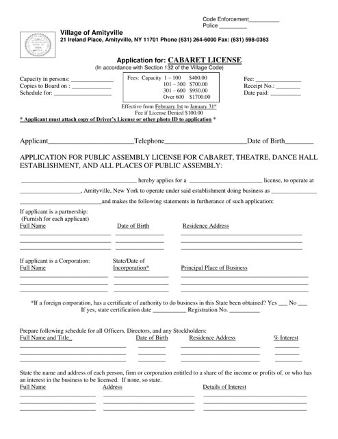 Application for Cabaret License - Village of Amityville, New York