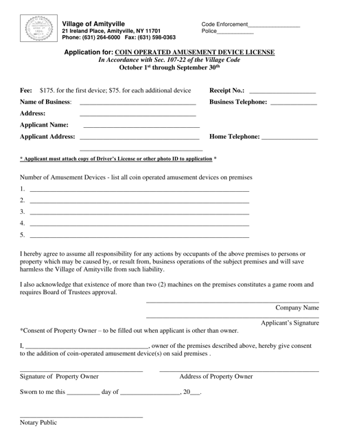 Application for Coin Operated Amusement Device License - Village of Amityville, New York Download Pdf