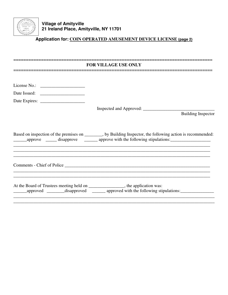 Application for Coin Operated Amusement Device License - Village of Amityville, New York, Page 2