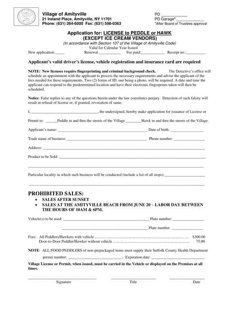 Application for License to Peddle or Hawk (Except ICE Cream Vendors) - Village of Amityville, New York Download Pdf