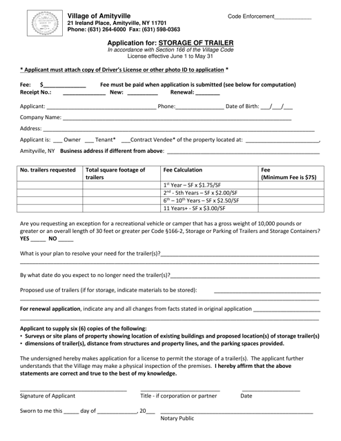 Application for Storage of Trailer - Village of Amityville, New York Download Pdf