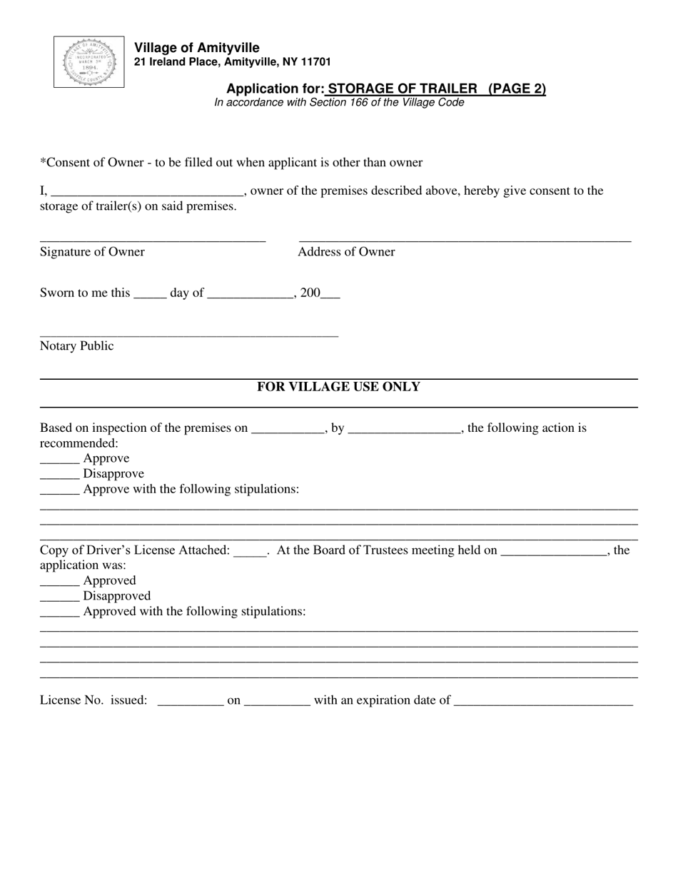 Application for Storage of Trailer - Village of Amityville, New York, Page 2