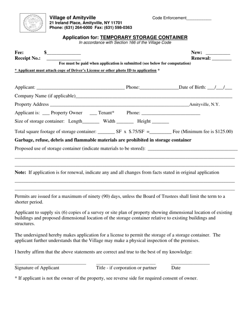 Application for Temporary Storage Container - Village of Amityville, New York