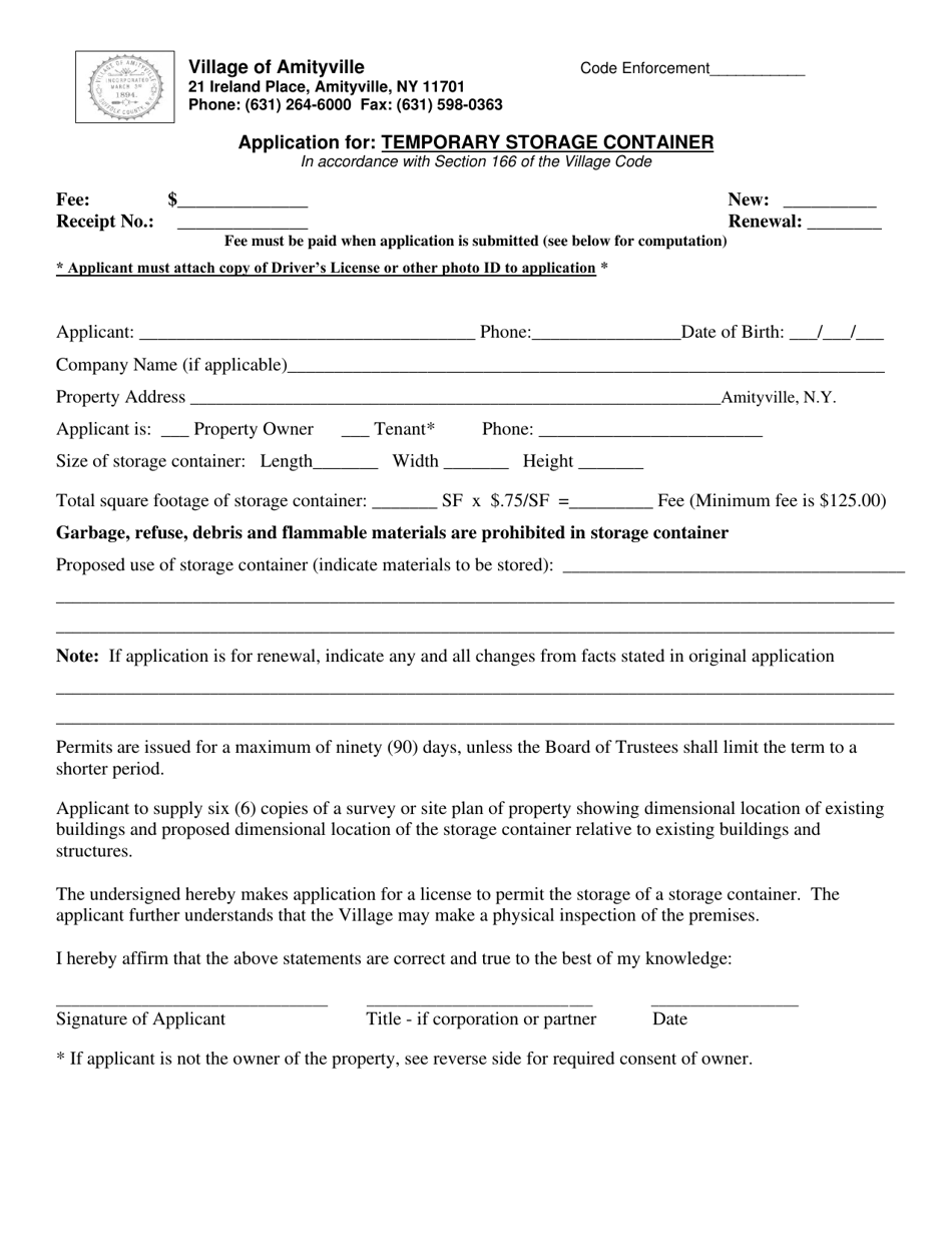 Application for Temporary Storage Container - Village of Amityville, New York, Page 1