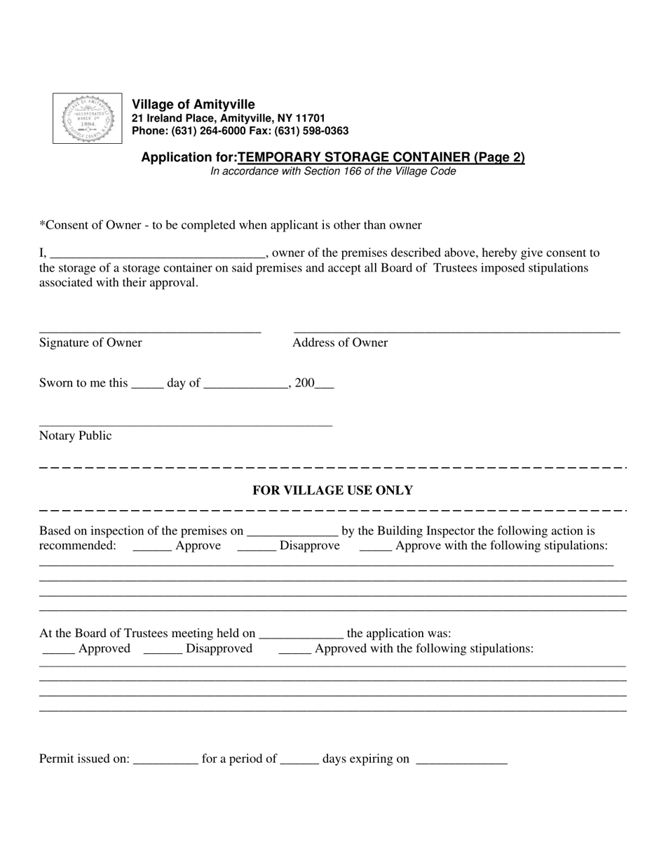 Application for Temporary Storage Container - Village of Amityville, New York, Page 2