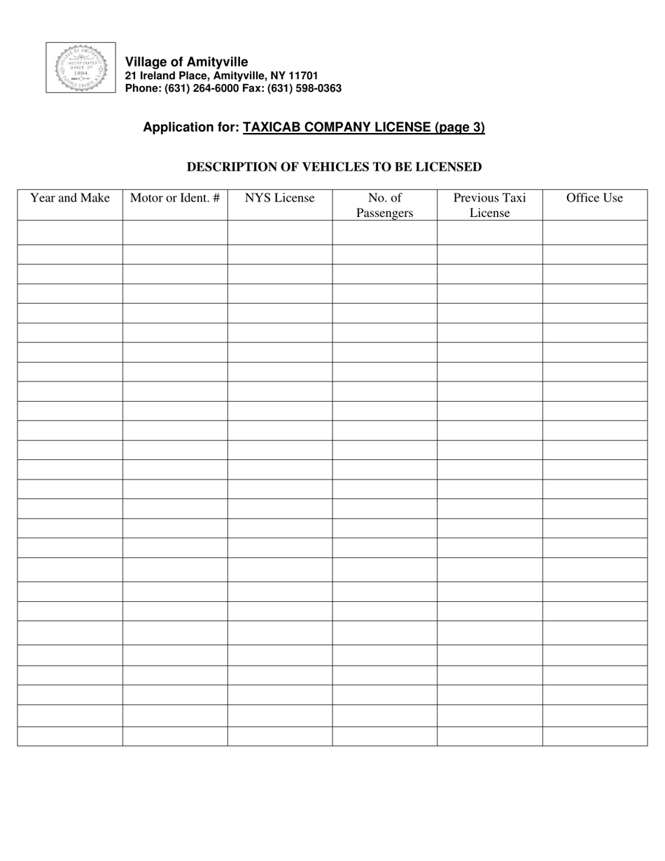 Application for Taxicab Company License - Village of Amityville, New York, Page 3