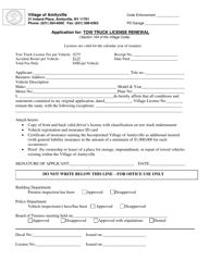 Document preview: Application for Tow Truck License Renewal - Village of Amityville, New York